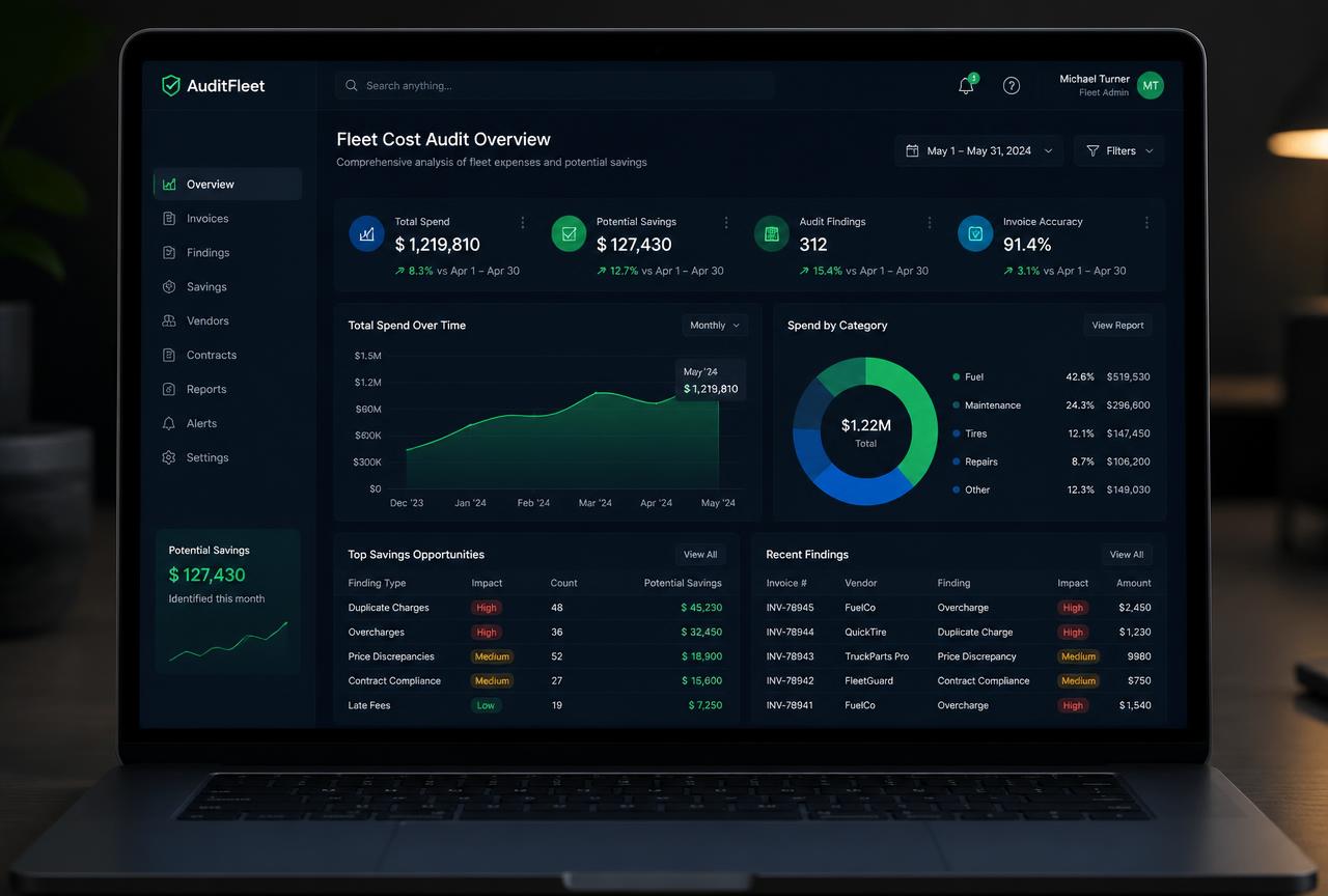 Painel do CheckDrop com indicadores de custo, economia e eficiência da frota
